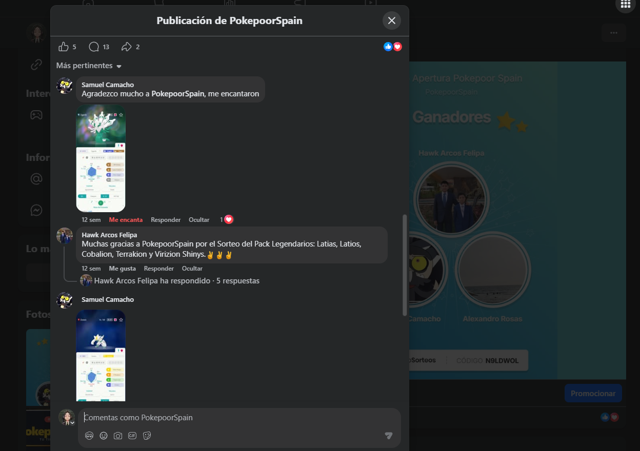 Captura de sorteo real en Facebook con comentarios y pruebas de entrega